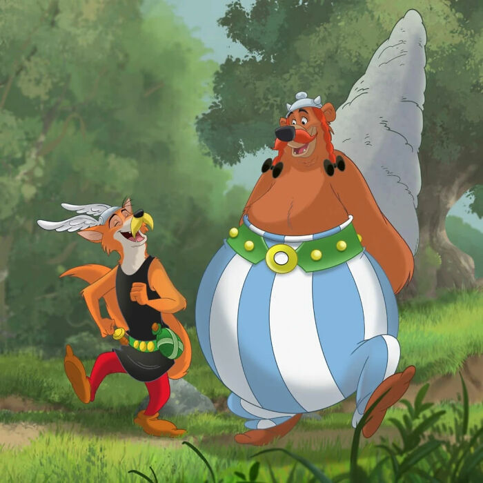 Two cartoon characters in colorful costumes walking and laughing in a forest scene featuring cartoon mashups.
