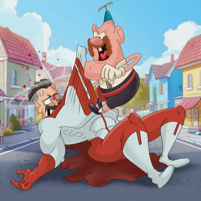 Cartoon mashup showing a comical fight scene between a superhero and a funny character on a suburban street.