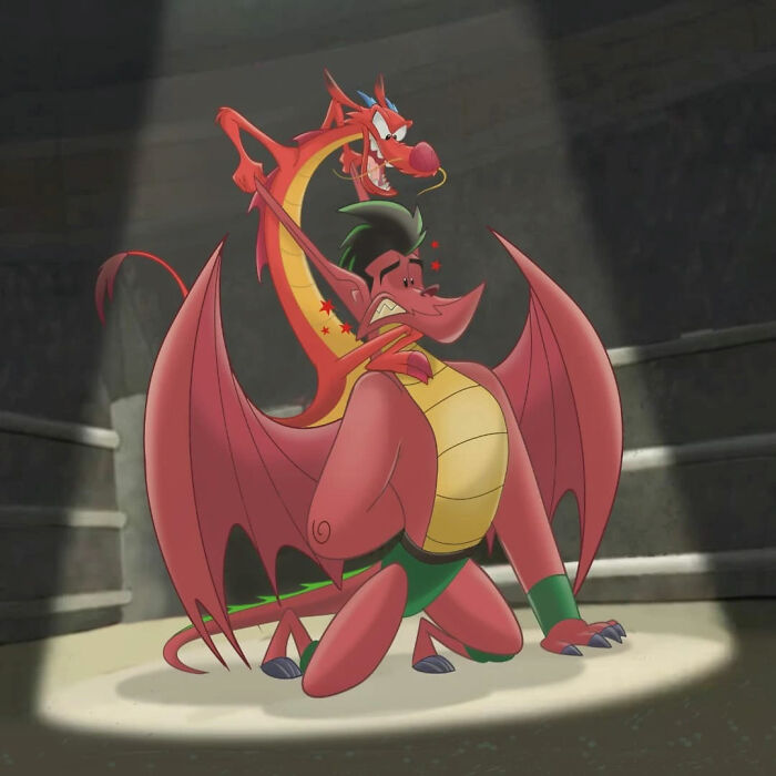 Red dragon cartoon character choking a humanoid dragon in a dimly lit room, featuring unexpected cartoon mashups.