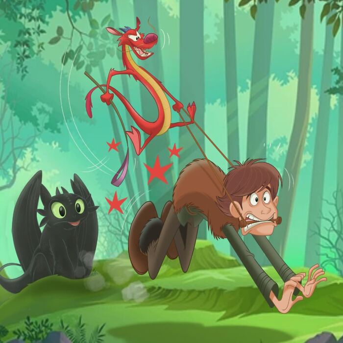 Cartoon mashup featuring a dragon and a man in a forest with vibrant colors and dynamic action scenes.