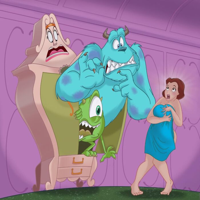 Cartoon mashups featuring characters from Monsters Inc emerging from a wardrobe surprising a woman in a blue towel.