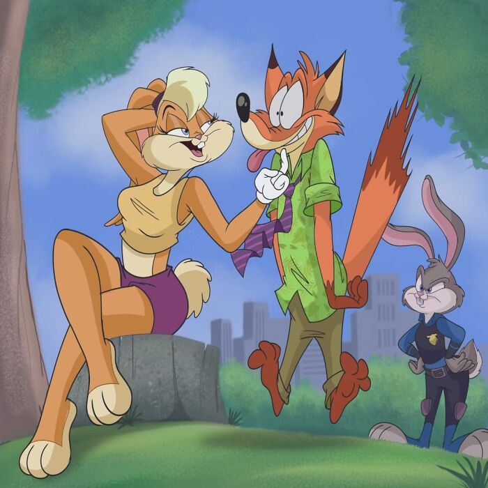 Cartoon mashup featuring anthropomorphic characters in a colorful outdoor setting with cityscape in the background.