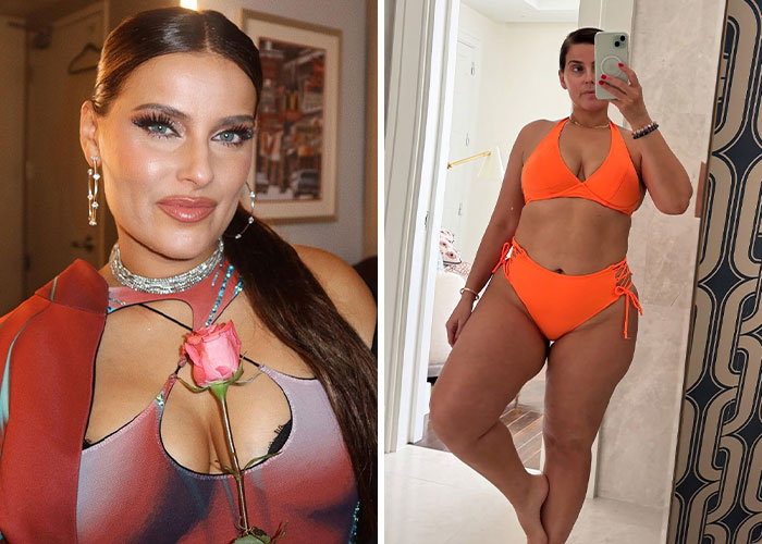 Side-by-side images of a woman dressed up and showing a stunning celebrity beach body in an orange bikini for 2025.