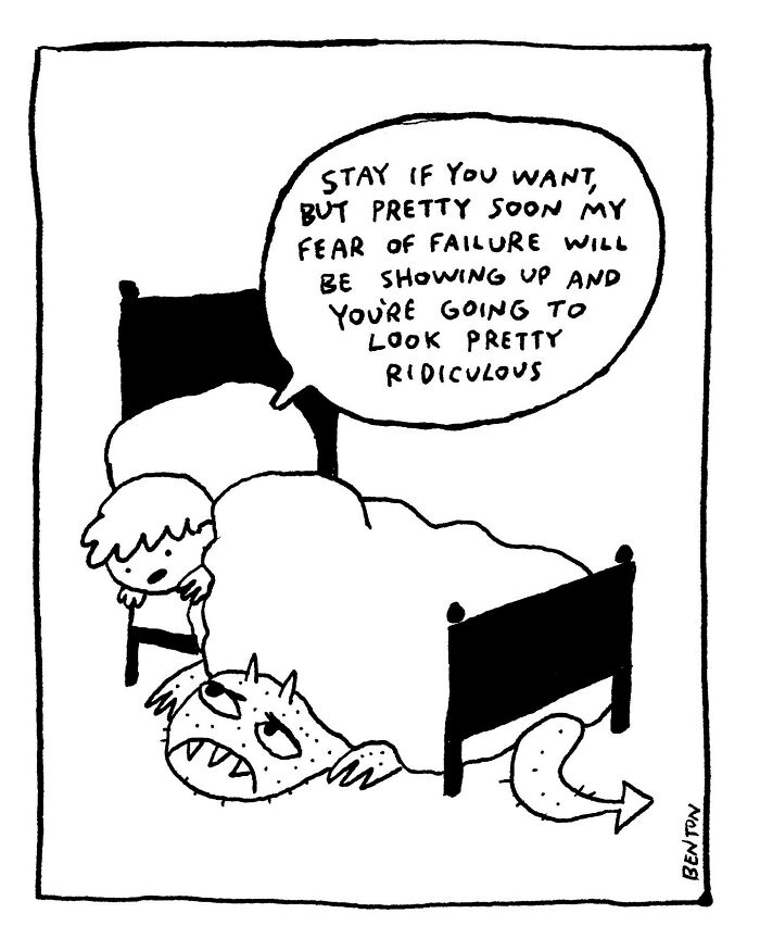 One panel comic by Jim Benton showing a child and a monster under the bed with a clever twist on fear and failure.