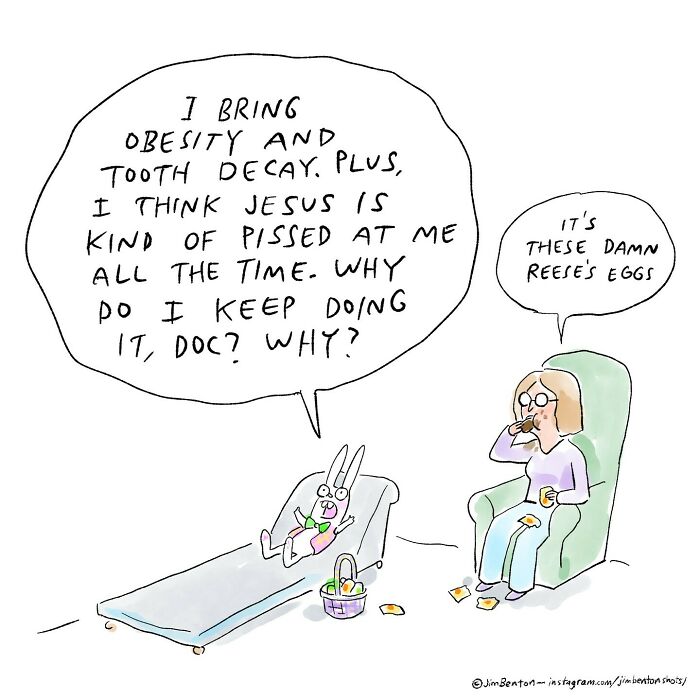 One panel comic by Jim Benton featuring a bunny in therapy, humorously blaming Reese's Eggs for its issues.