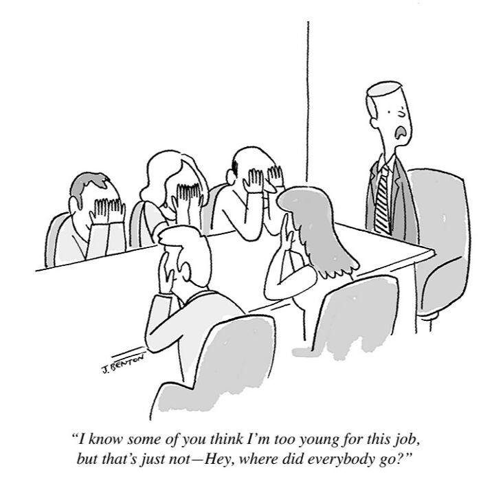 One panel comic by Jim Benton showing a man confused in a meeting where everyone else covers their faces.