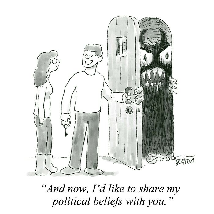 One panel comic by Jim Benton shows a man opening a door to a monster, symbolizing unexpected twists.