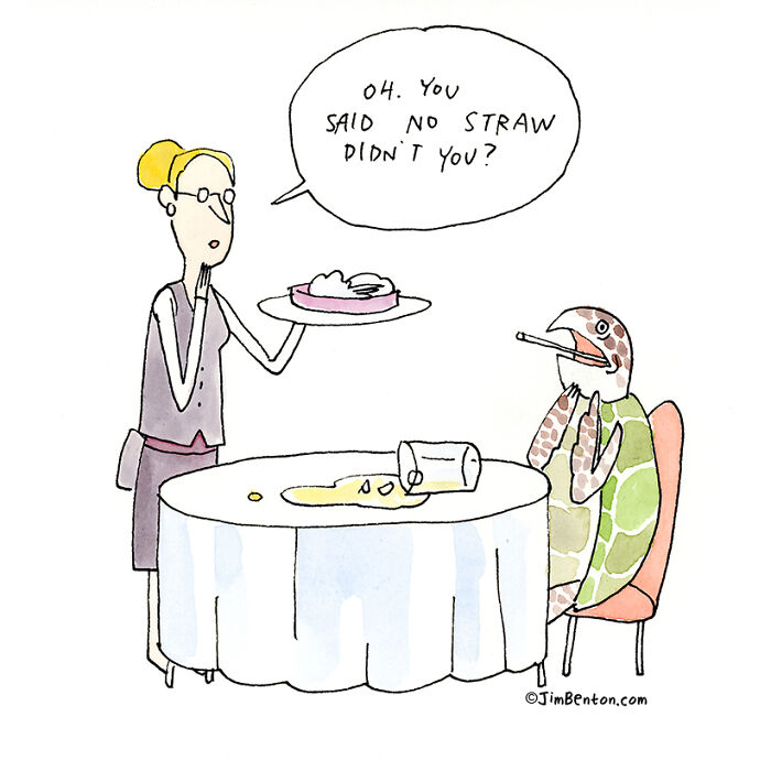 One panel comic by Jim Benton shows a waitress and a turtle with a cigarette, highlighting clever unexpected twists.