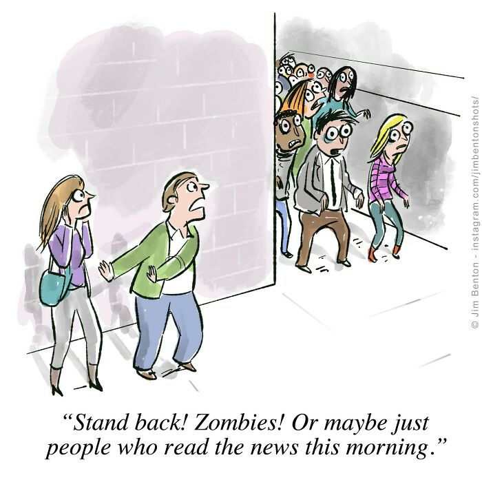 One panel comic by Jim Benton showing surprised people warning of zombies or news readers with shocked expressions.