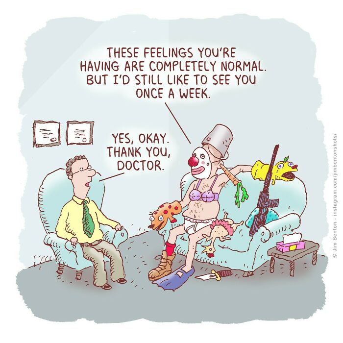 One panel comic by Jim Benton showing a man in therapy with a bizarrely dressed patient, packed with unexpected twists.