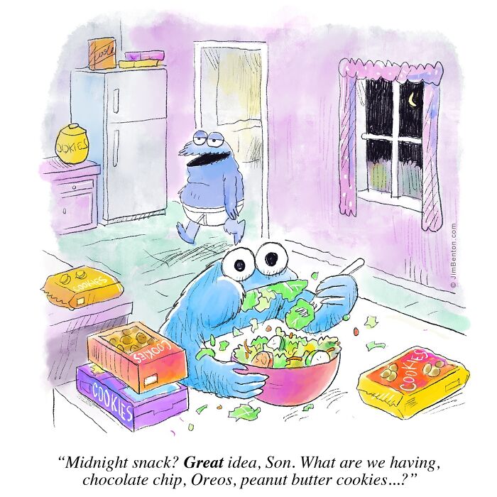 One panel comic by Jim Benton featuring a humorous midnight snack scene with unexpected twists.