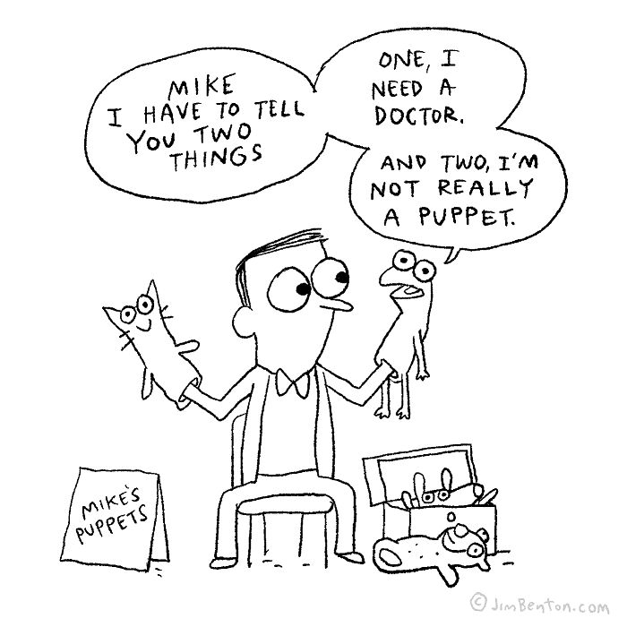 One panel comic by Jim Benton showing a man holding puppets with an unexpected twist dialogue.