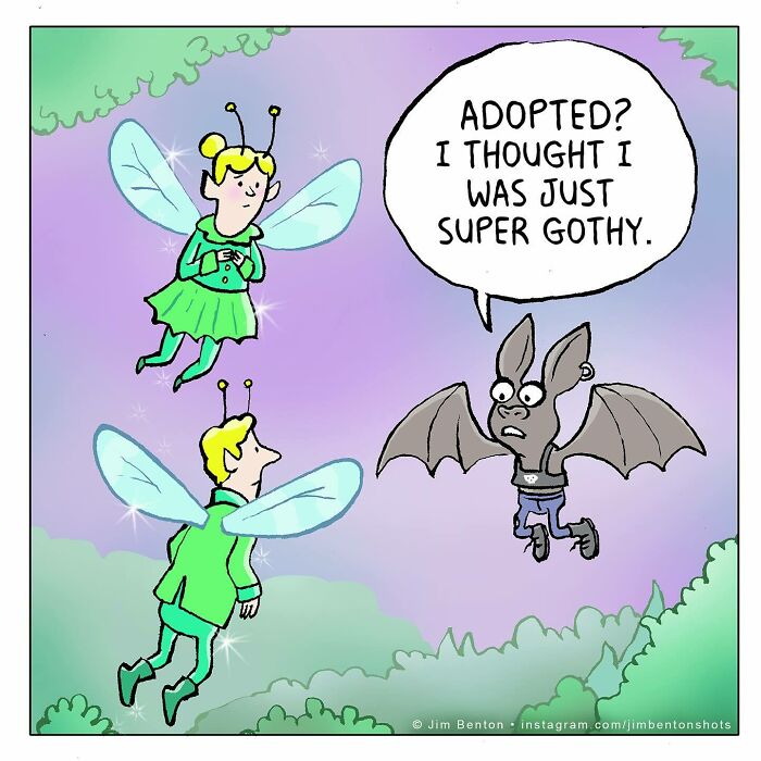 Bat character telling two winged fairies I thought I was just super gothy in a clever one panel comic by Jim Benton.