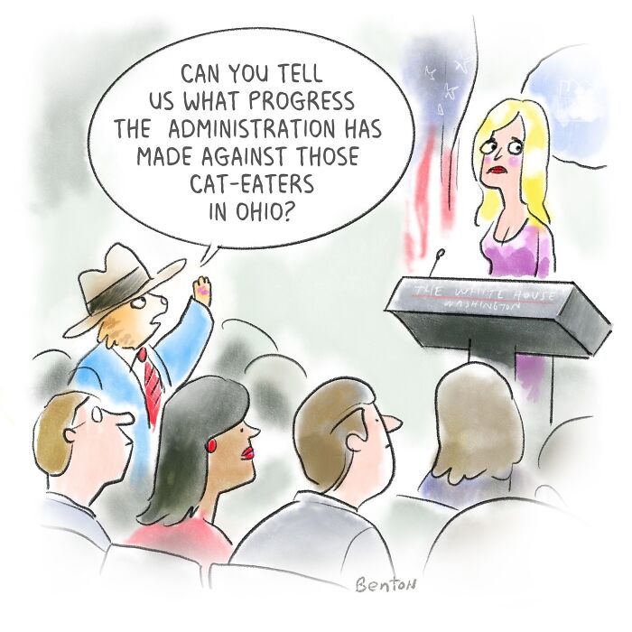 One panel comic by Jim Benton showing a reporter asking about cat-eaters in Ohio during a press briefing.