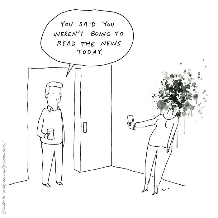 One panel comic by Jim Benton shows a shocked woman’s head exploding after reading the news, with a man commenting.