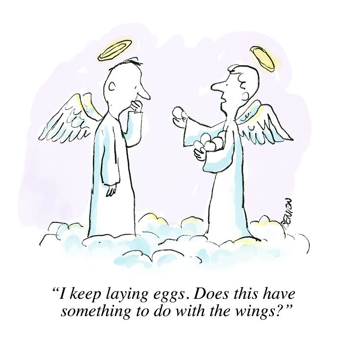 One panel comic by Jim Benton showing two angels on clouds with a humorous twist about laying eggs.