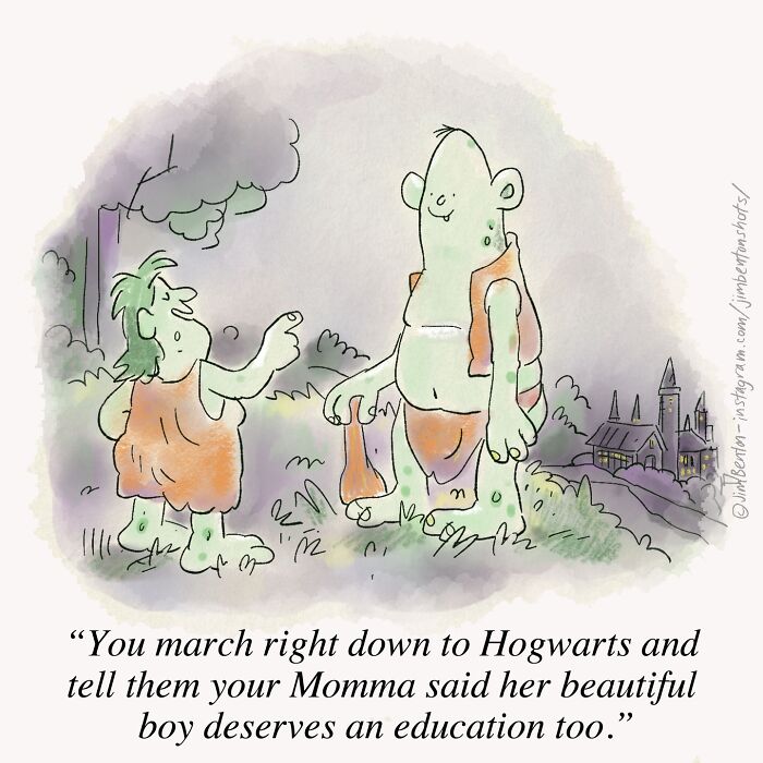 Clever one panel comic by Jim Benton showing cavemen discussing Hogwarts and education with a humorous twist.