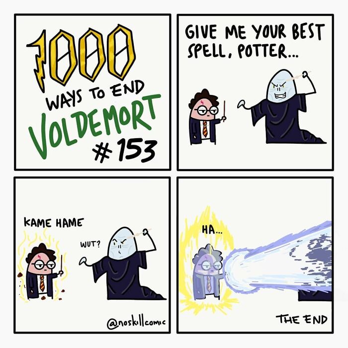 Comic panels showing a Harry Potter character using a Kamehameha energy attack to defeat Voldemort in a humorous scene.