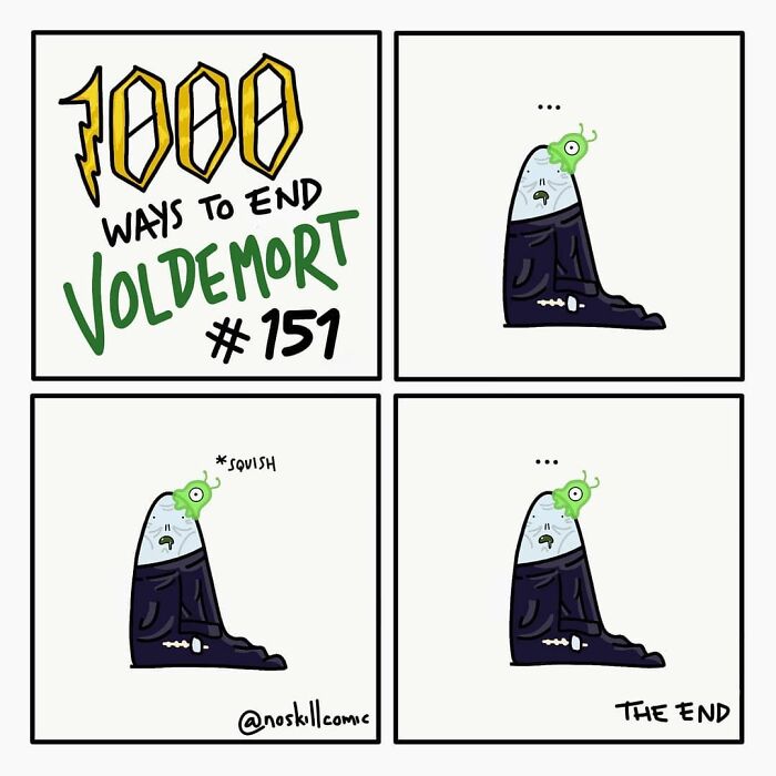 Comic illustration from 68 Harry Potter comics by No Skill Comic showing a humorous way to defeat Voldemort.