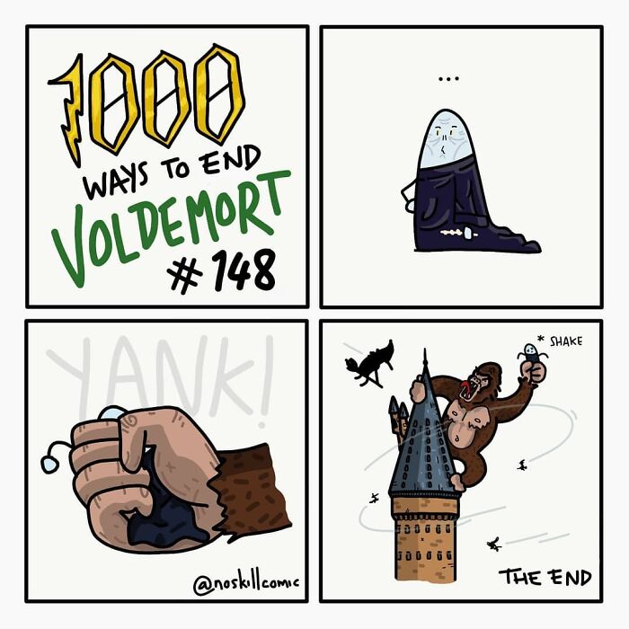 Comic strip illustrating a humorous Harry Potter comic from the series about 1,000 ways to defeat Voldemort.