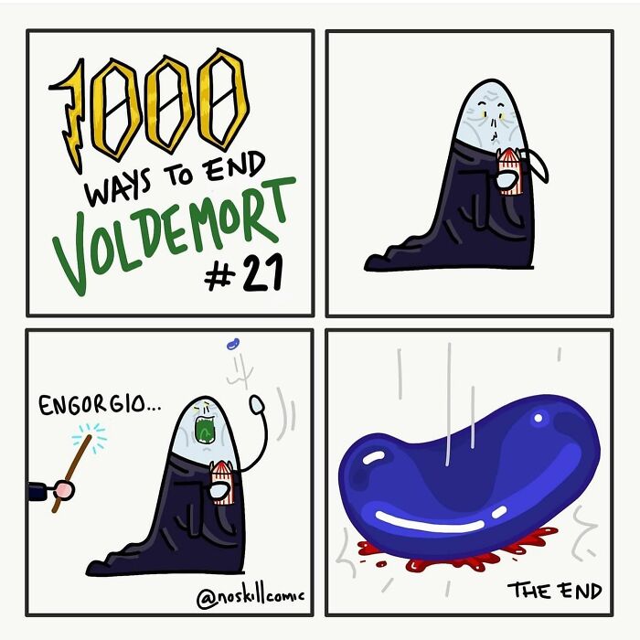 Comic strip showing a humorous Harry Potter scene from No Skill Comic about ways to defeat Voldemort.
