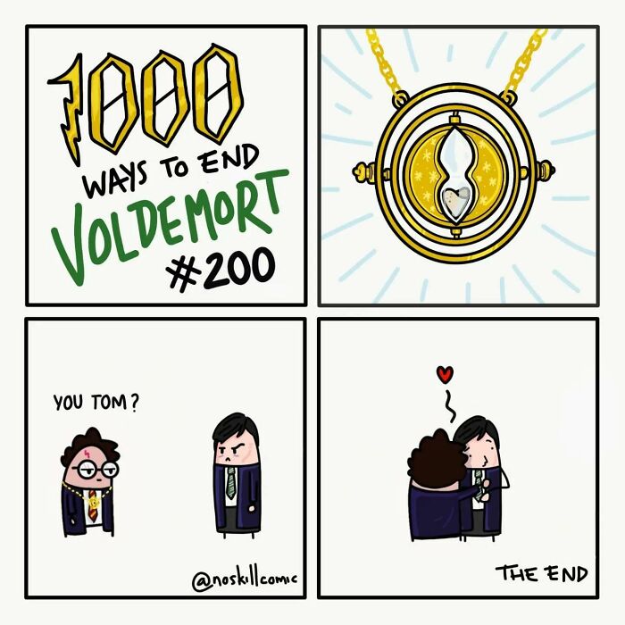 Comic strip from No Skill Comic showing one of 1,000 ways to end Voldemort featuring magical time-turner and characters.