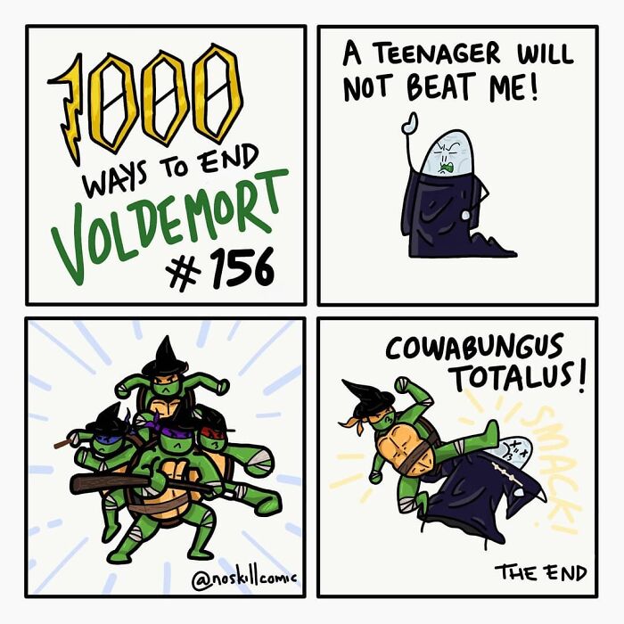 Comic panels showing a funny Harry Potter comic from No Skill Comic with a creative way to defeat Voldemort.