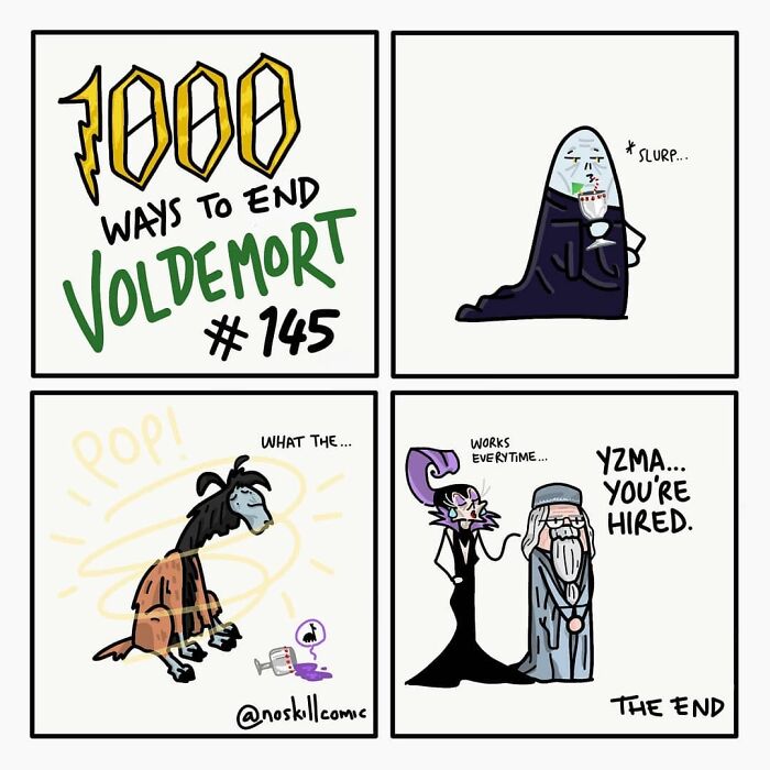 Comic panels from Harry Potter comics by No Skill Comic showing a humorous way to defeat Voldemort with cartoon characters.