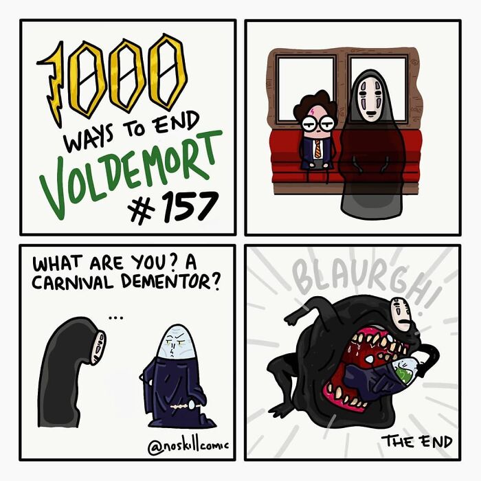 Comic panel from Harry Potter comics showing creative 1,000 ways to defeat Voldemort with humorous characters.