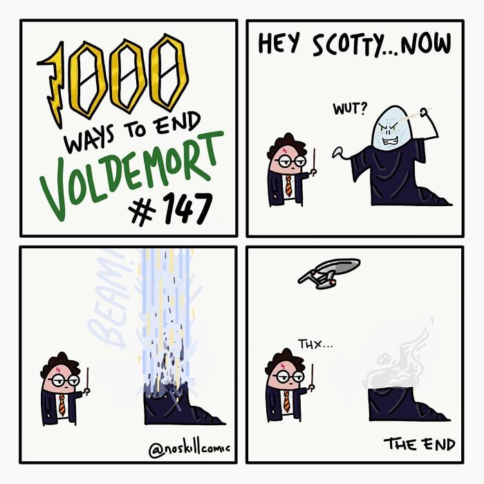 Cartoon Harry Potter comic by No Skill Comic showing one of 1,000 ways to defeat Voldemort with a beam attack.