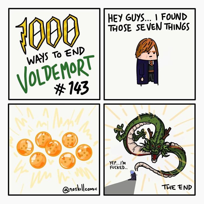 Comic panels showing a comedic Harry Potter scene from No Skill Comic about ways to defeat Voldemort.