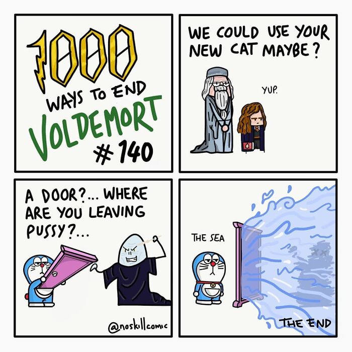 Comic panels showing humorous Harry Potter themed scenes with characters and a magical door to defeat Voldemort.