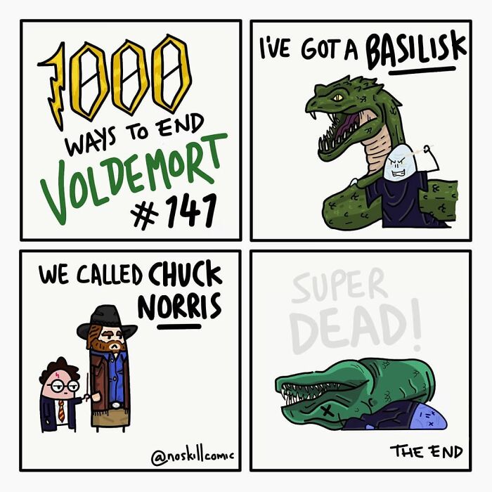 Comic panels illustrating one of 1,000 ways to defeat Voldemort with a basilisk and Chuck Norris.
