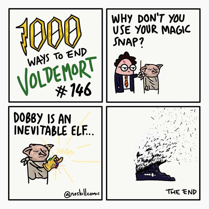 Comic panel from Harry Potter comics by No Skill Comic showing a humorous way to defeat Voldemort using magic snap.