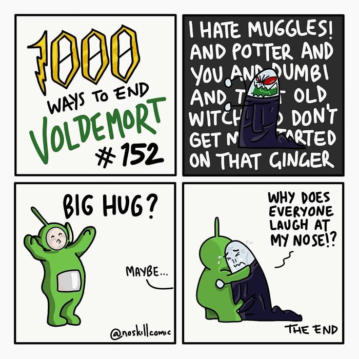 Comic strip showing creative Harry Potter comics with humorous Voldemort scenes from No Skill Comic series.