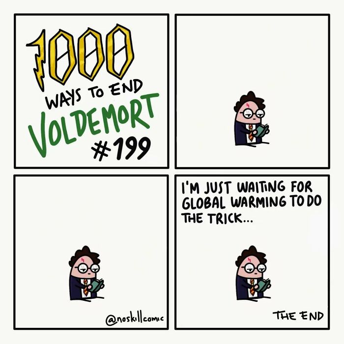 Comic panel from Harry Potter comics by No Skill Comic showing a character reading and mentioning global warming to defeat Voldemort.