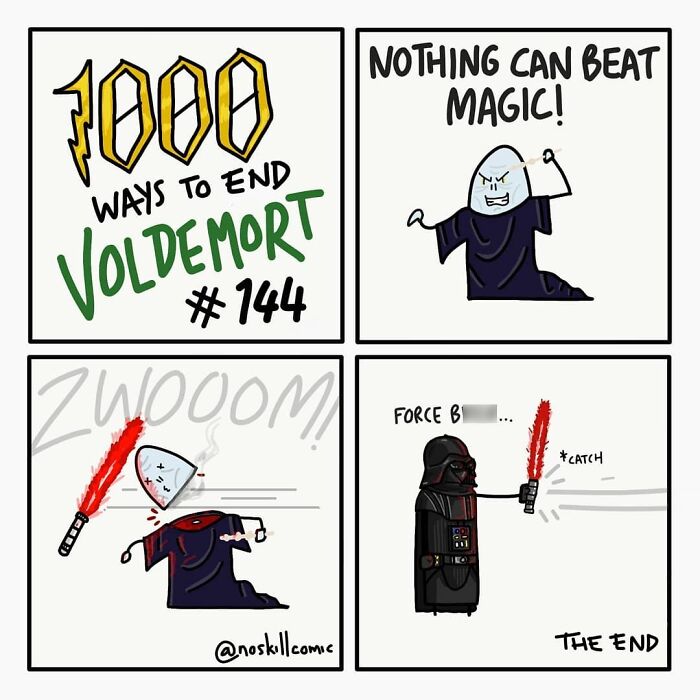 Comic panels showing humorous Harry Potter Voldemort defeat with magic and a Star Wars lightsaber in No Skill Comic style.