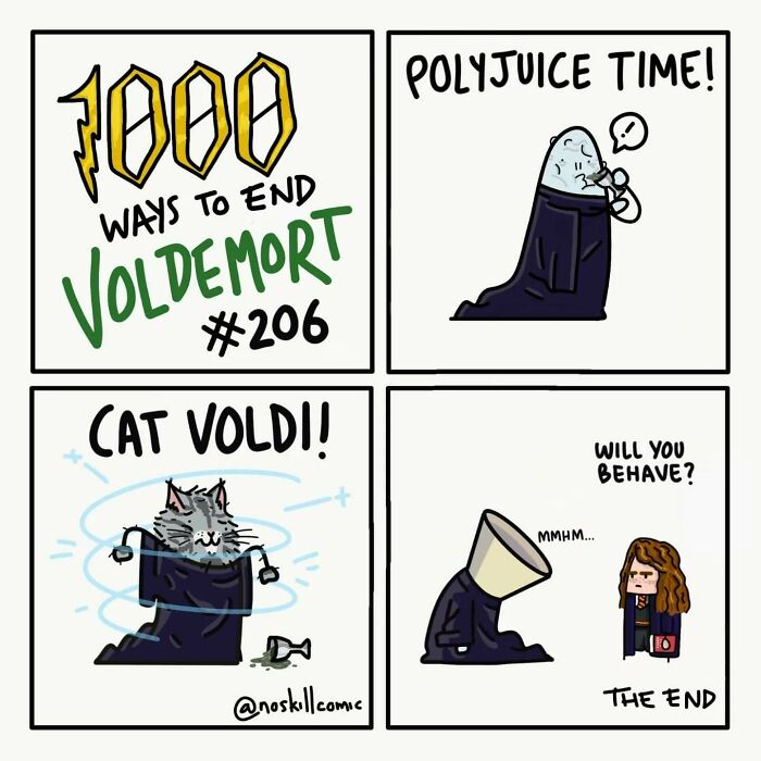 Comic panels showing a humorous Harry Potter scene using polyjuice potion to create a cat Voldemort to defeat Voldemort.