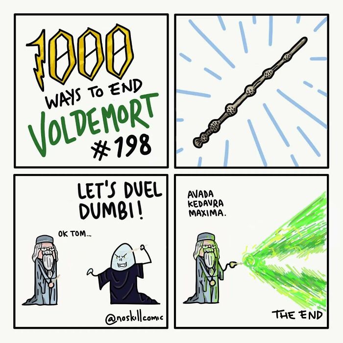 Comic panels from Harry Potter series featuring a duel scene showing a spell to defeat Voldemort.