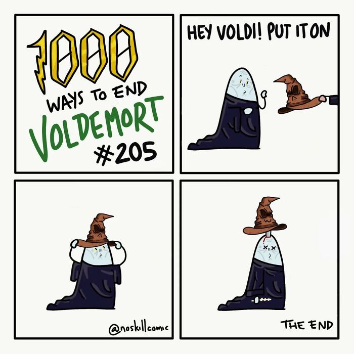 Comic panels showing a humorous Harry Potter comic depicting one of 1,000 ways to defeat Voldemort with the Sorting Hat.