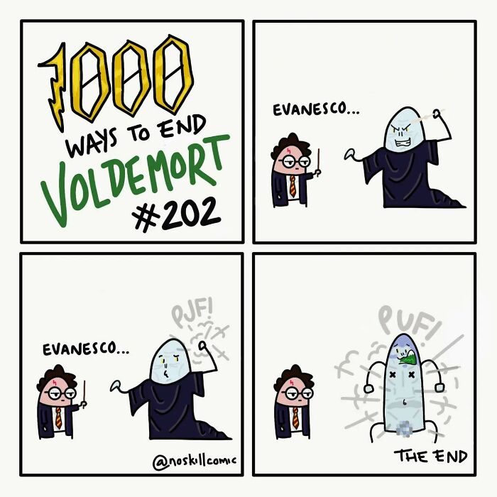 Comic panels showing a Harry Potter character casting a spell in a humorous Harry Potter comics about defeating Voldemort.