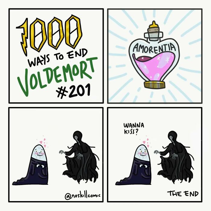 Comic panel from Harry Potter series showing a humorous way to defeat Voldemort with Amortentia love potion.