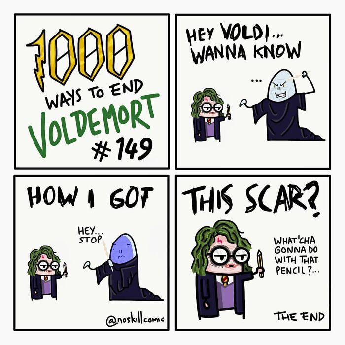 Comic strip from Harry Potter comics by No Skill Comic showing a humorous way to defeat Voldemort with a pencil and a scar.