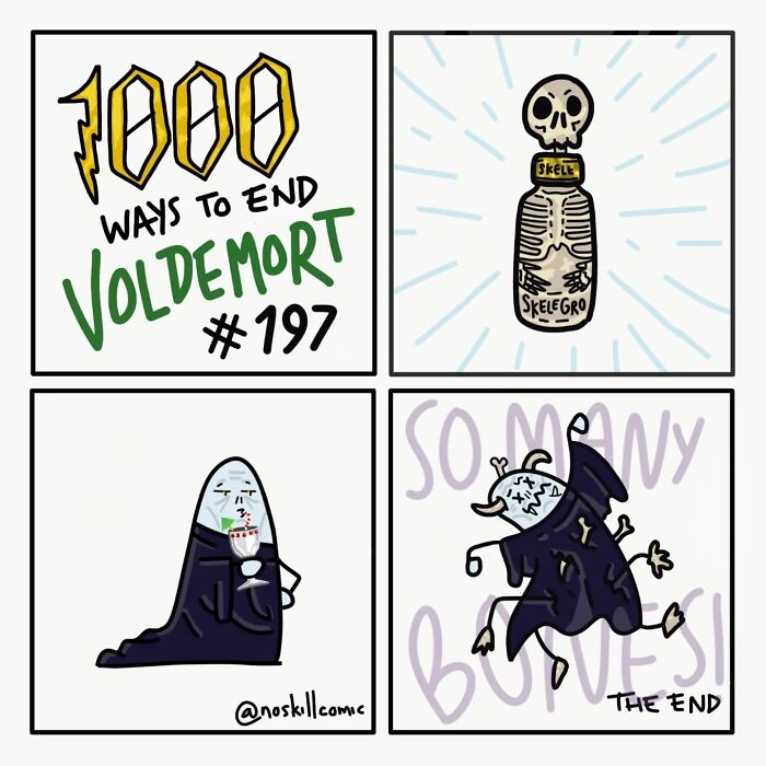 Comic strip from Harry Potter comics by No Skill Comic showing a humorous way to defeat Voldemort using Skele-Gro potion.