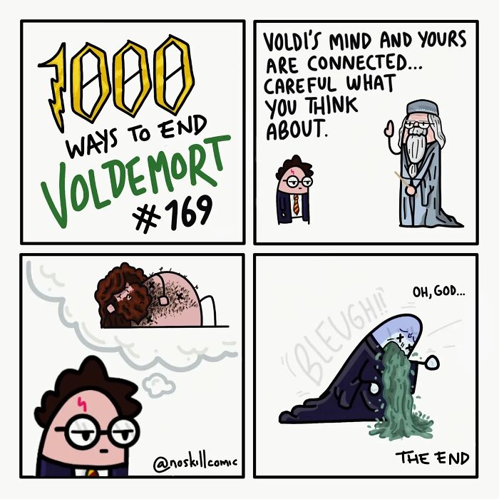 Comic illustrating one of 1000 ways to defeat Voldemort with Harry Potter and Dumbledore characters.