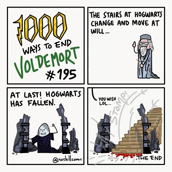 Comic panels from a Harry Potter comic showing a humorous way to defeat Voldemort at Hogwarts with changing stairs.