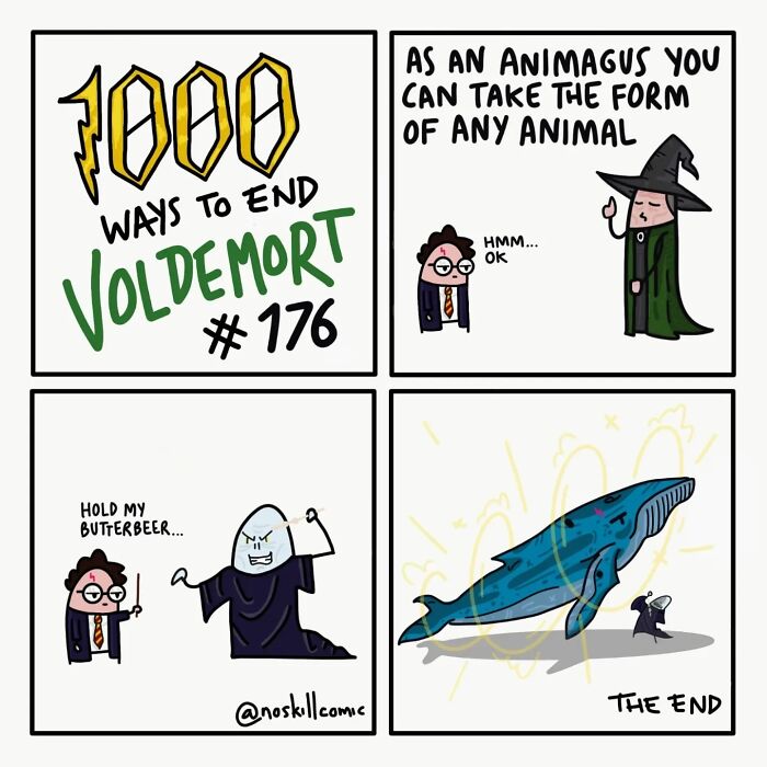 Comic panels showing a Harry Potter character using animagus magic to transform into a whale to defeat Voldemort.