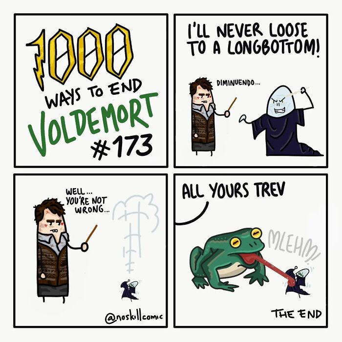 Comic strip from 68 Harry Potter comics by No Skill Comic showing a humorous way to defeat Voldemort with a frog.