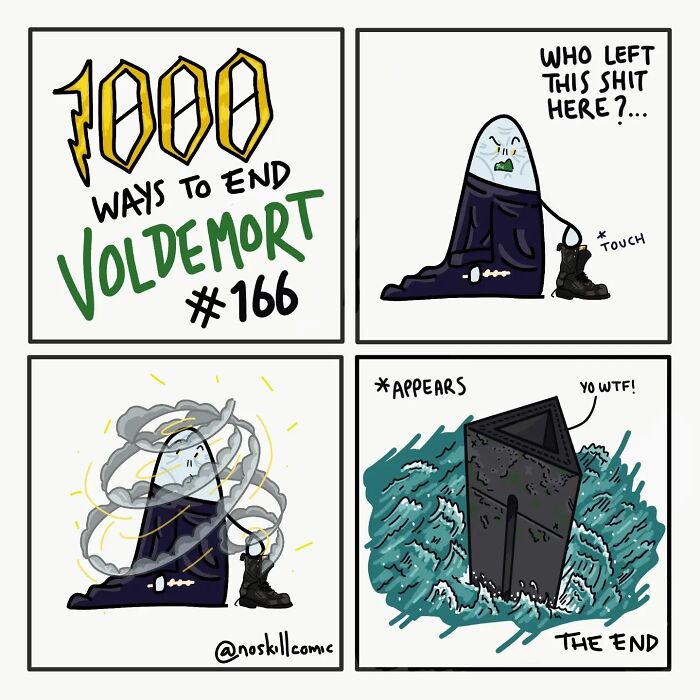 Comic panels from Harry Potter comics showing a humorous way to defeat Voldemort with a boot and magical chaos.
