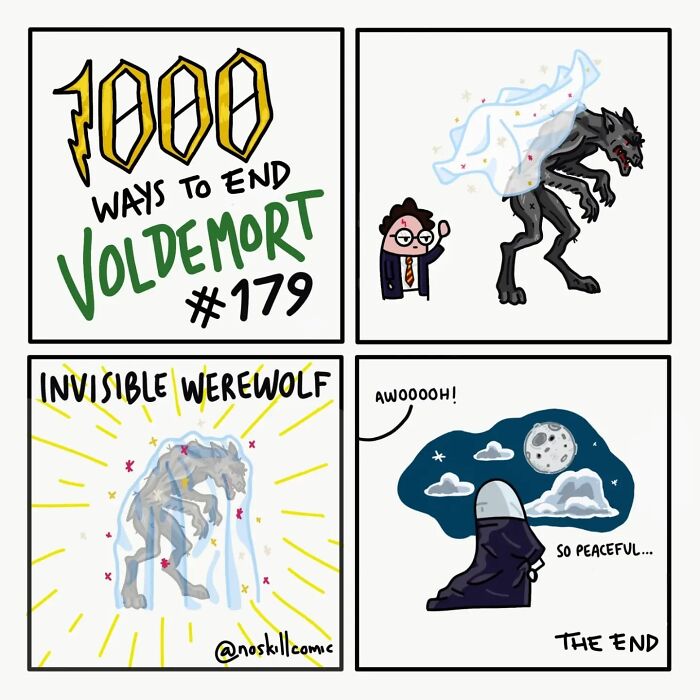 Comic panels from Harry Potter comics by No Skill Comic showing one of 1,000 ways to defeat Voldemort with an invisible werewolf.